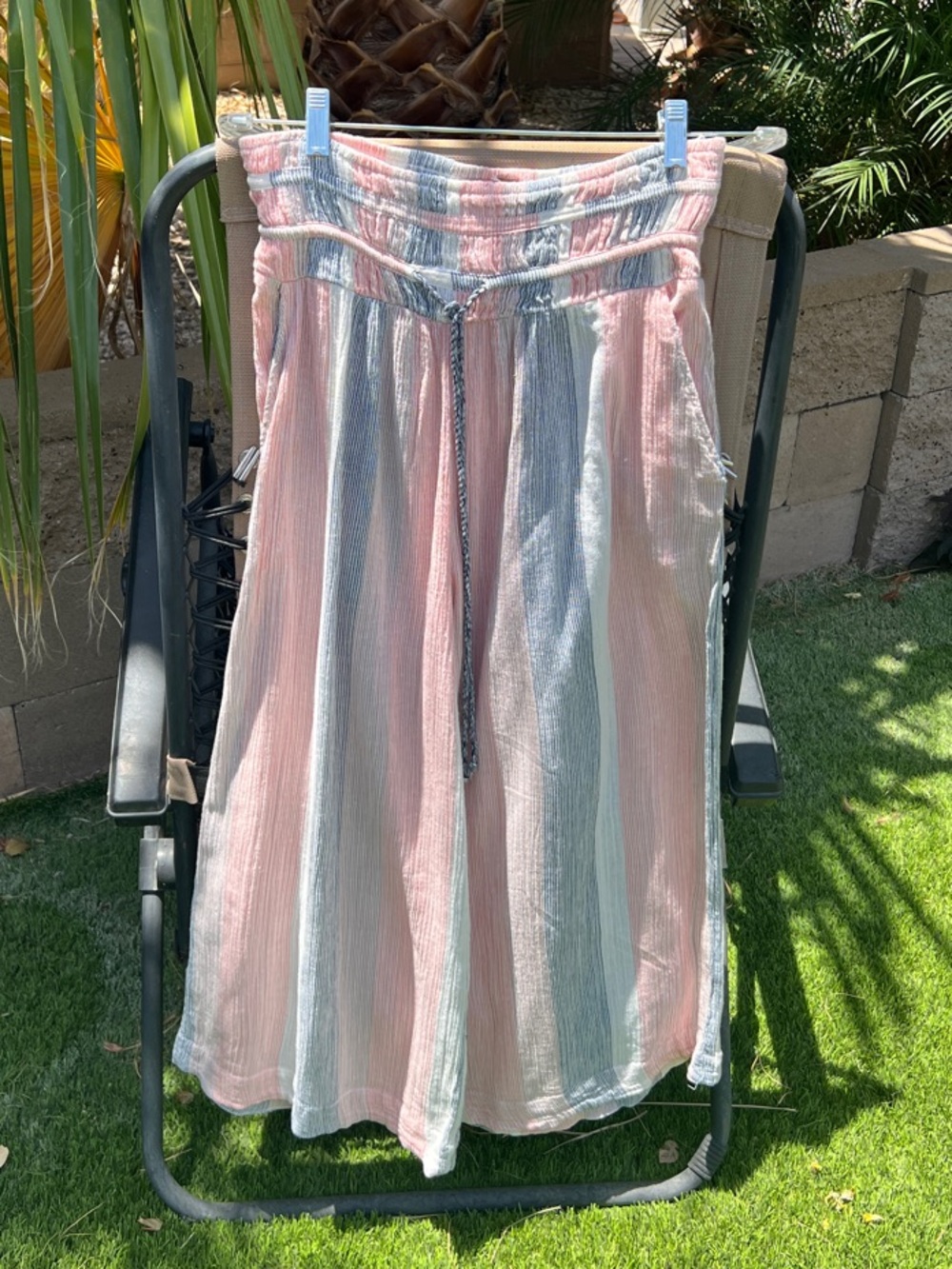 Free People Pink and Gray Wide Leg Stripe Pants
